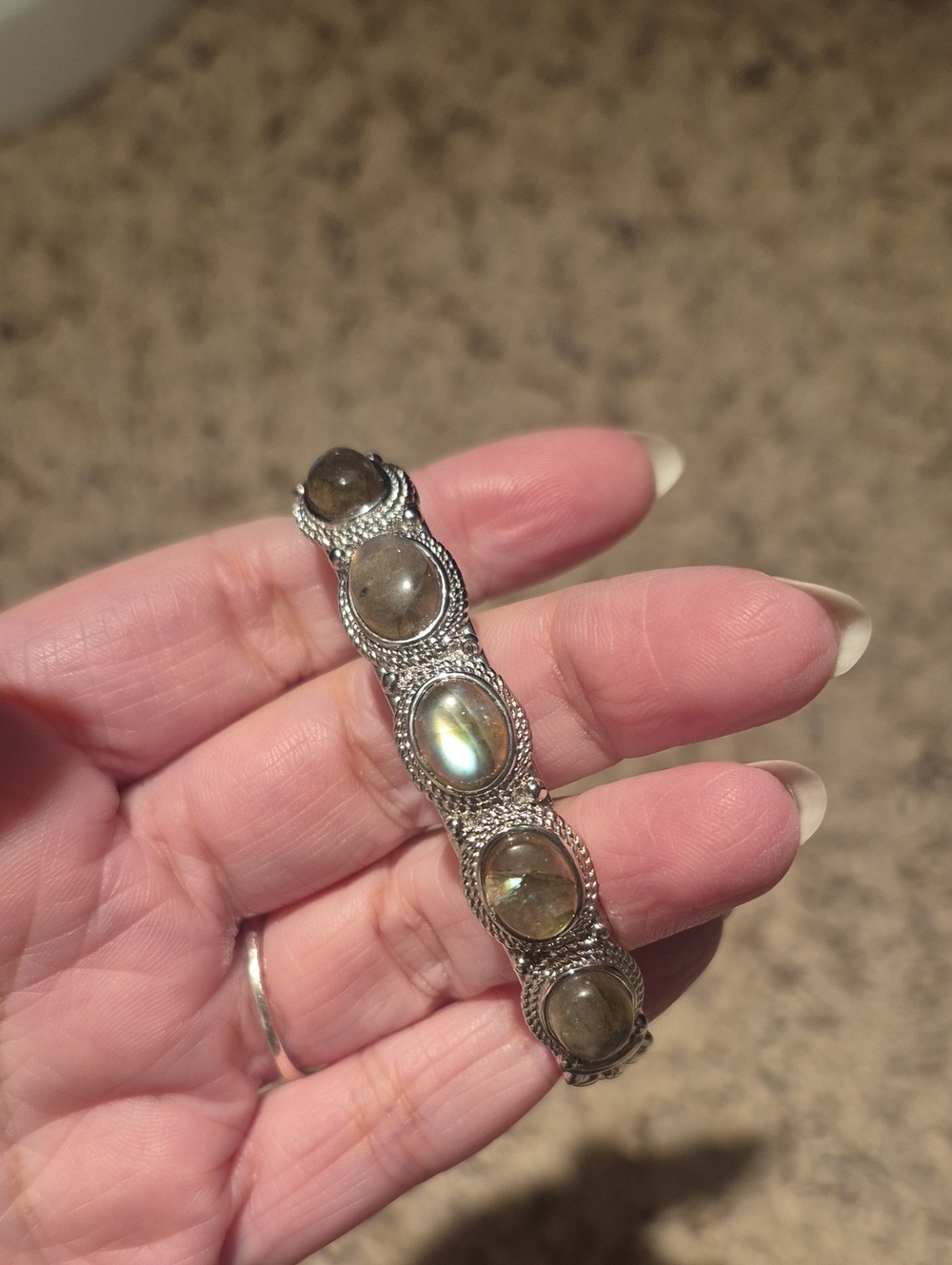 Silvertone  Labradorite Five-Stone Bracelet Bangle - Gray Green
